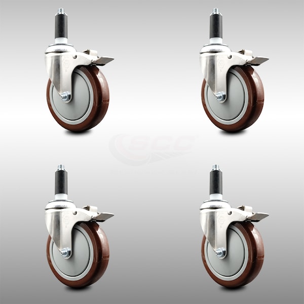 Service Caster 5 Inch 316SS Maroon Poly Swivel 1-1/8 Inch Expanding Stem Caster Set Lock Brake SCC-SS316TTLEX20S514-PPUB-MRN-118-4 - main